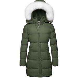 Women's Olive Winter Puffer Coat Warm Removable Hood Jacket